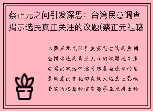蔡正元之问引发深思：台湾民意调查揭示选民真正关注的议题(蔡正元祖籍)