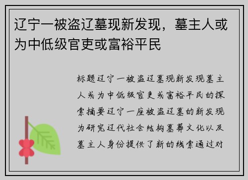 辽宁一被盗辽墓现新发现,墓主人或为中低级官吏或富裕平民 辽宁一被盗辽墓现新发现,墓主人或为中低级官吏或富裕平民