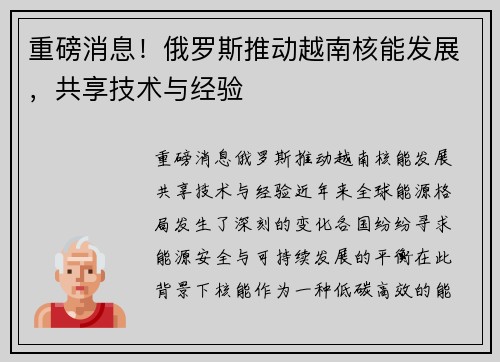 重磅消息!俄罗斯推动越南核能发展,共享技术与经验 重磅消息!俄罗斯推动越南核能发展,共享技术与经验