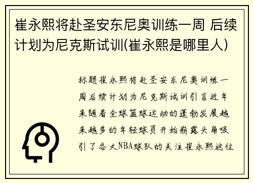 崔永熙将赴圣安东尼奥训练一周 后续计划为尼克斯试训(崔永熙是哪里人) 崔永熙将赴圣安东尼奥训练一周 后续计划为尼克斯试训(崔永熙是哪里人)