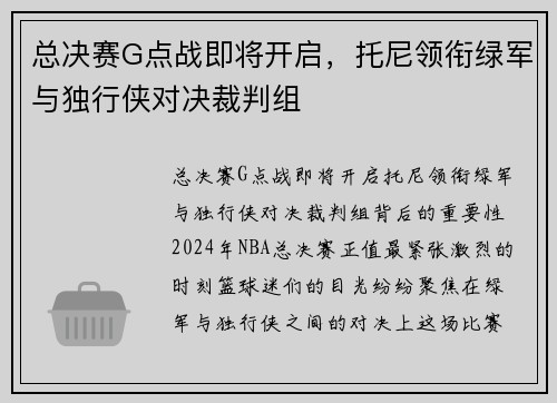 总决赛G点战即将开启,托尼领衔绿军与独行侠对决裁判组 总决赛G点战即将开启,托尼领衔绿军与独行侠对决裁判组