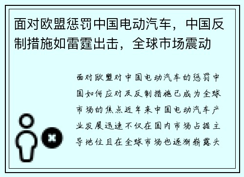 面对欧盟惩罚中国电动汽车,中国反制措施如雷霆出击,全球市场震动 面对欧盟惩罚中国电动汽车,中国反制措施如雷霆出击,全球市场震动